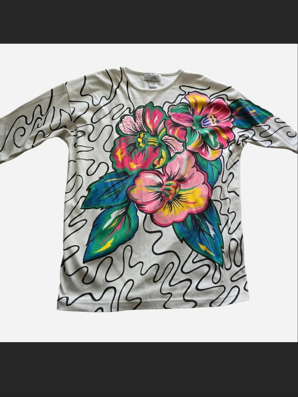White Long Sleeve Tee with Bold Floral Embroidery Graphic Vintage 80s